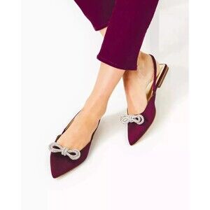 Lilly Pulitzer Brit Slingback‎ Flats Amarena Cherry Satin Jeweled Sandals 8.5